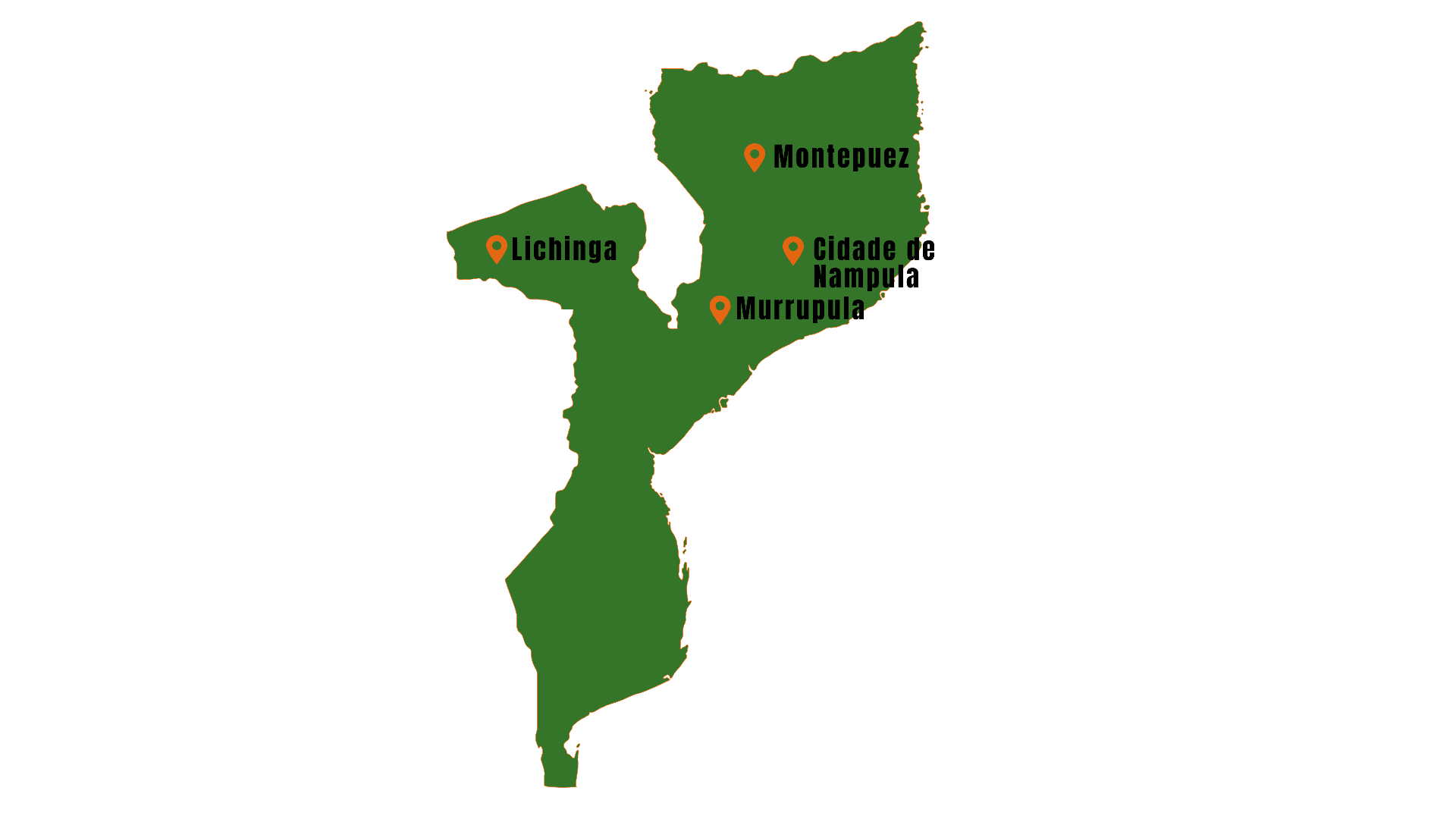 Mapa de Moçambique com a presença da AVILOQ em Nampula, Murrupula, Lichinga e Montepuez